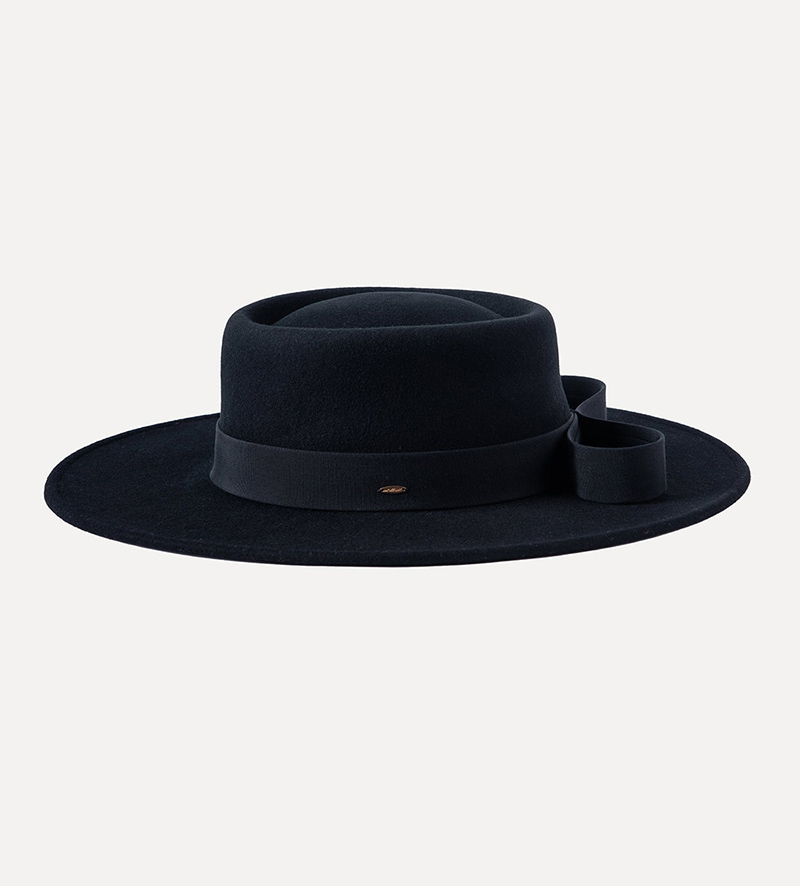 side view of black wide brim pork pie hat