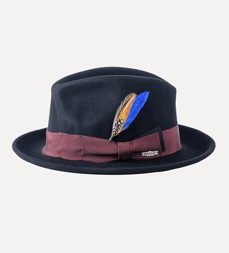 side view of black small fedora hat for mens