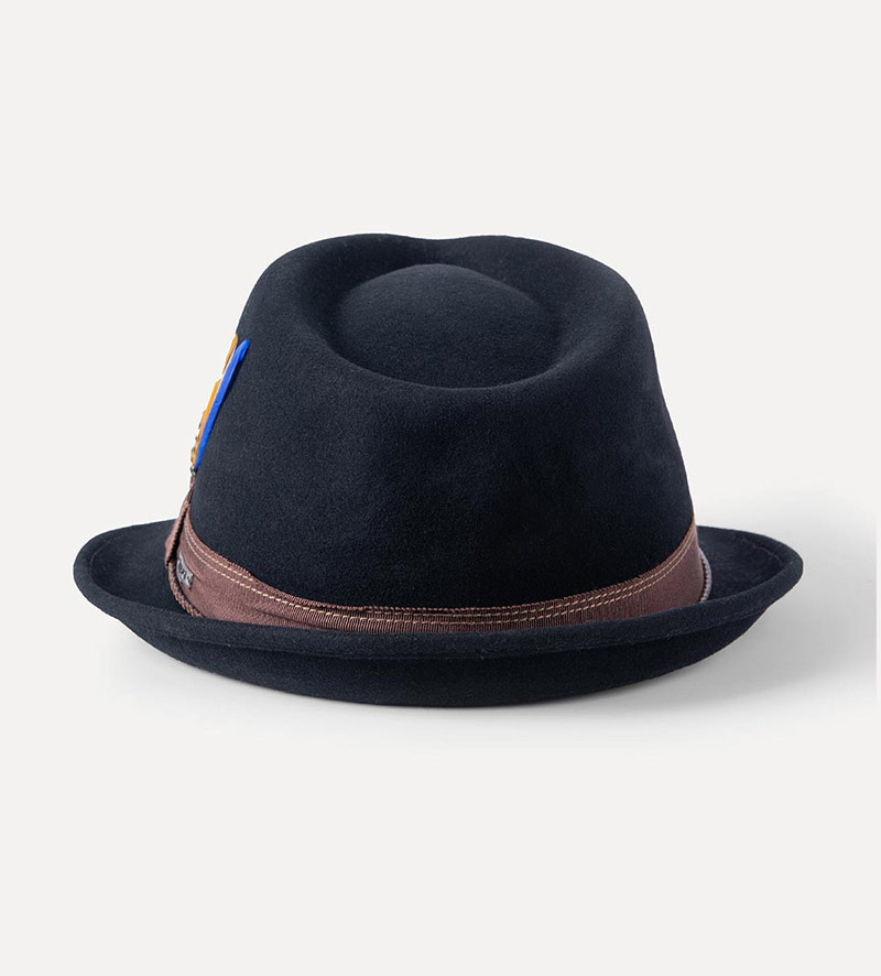 back view of black short brim trilby hat for mens