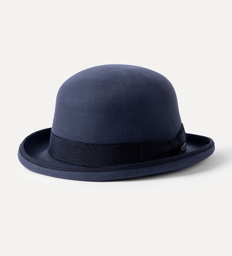 oblique view of black bowler hat for mens