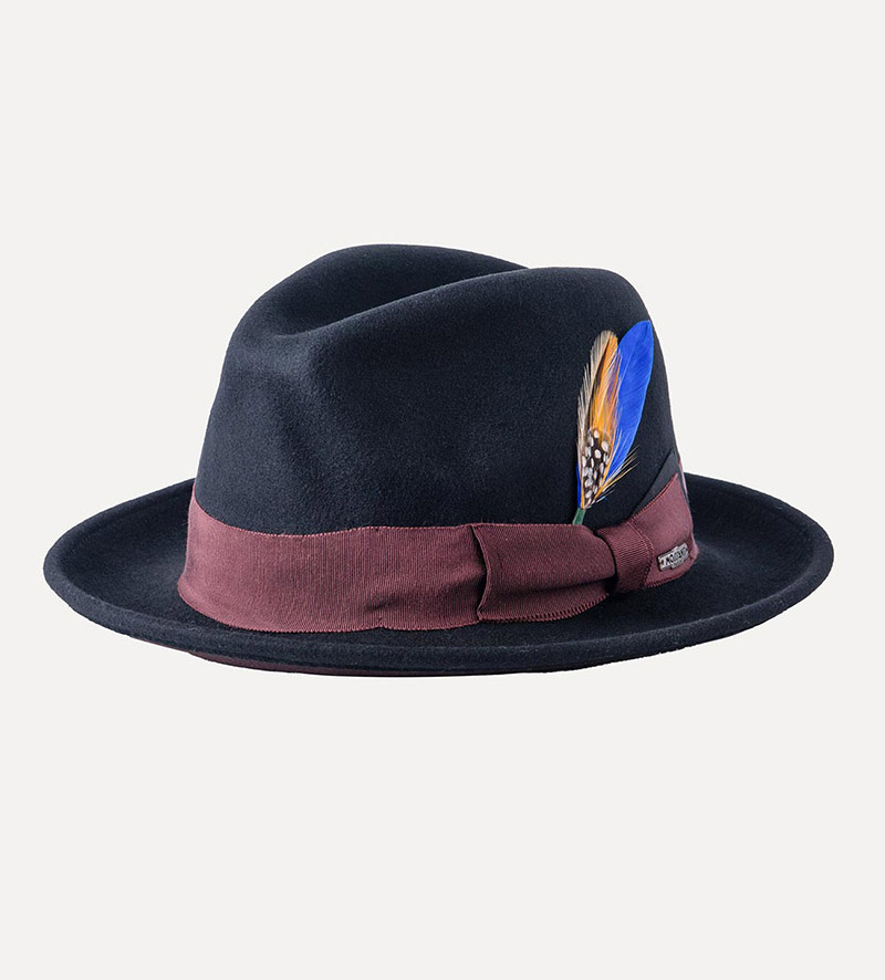 oblique view of black small fedora hat for mens