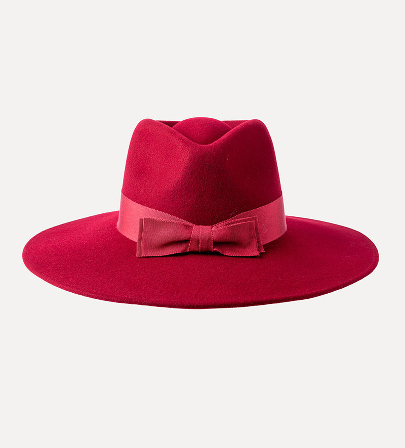 front view of red fedora with bowknot for womens