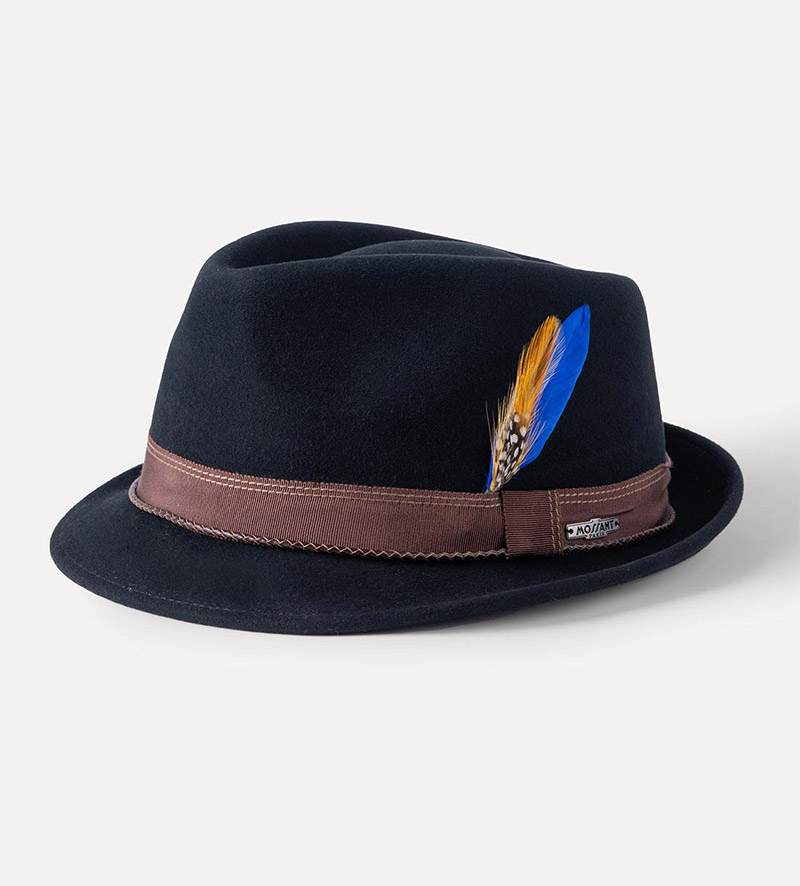 oblique view of black short brim trilby hat for mens