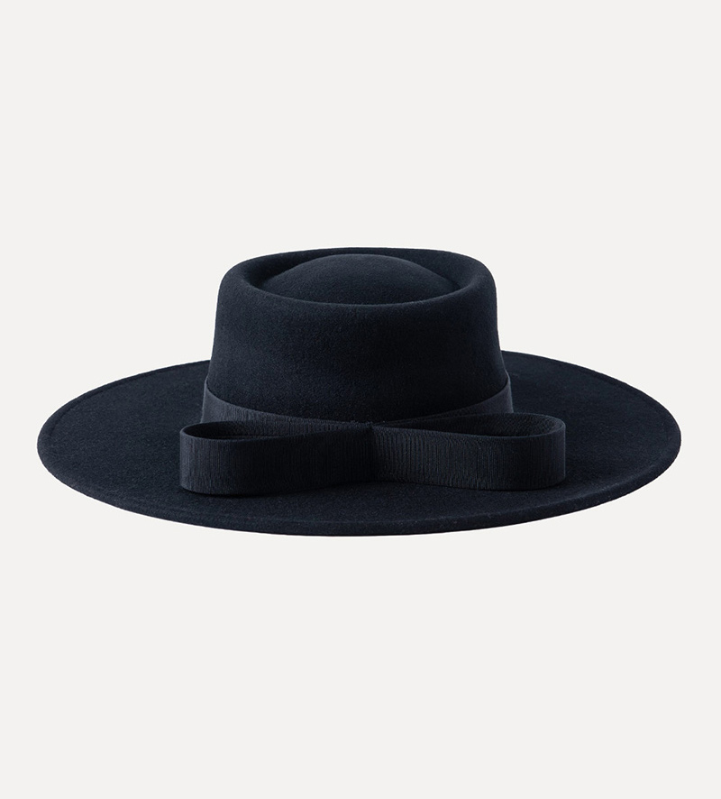 front view of black wide brim pork pie hat