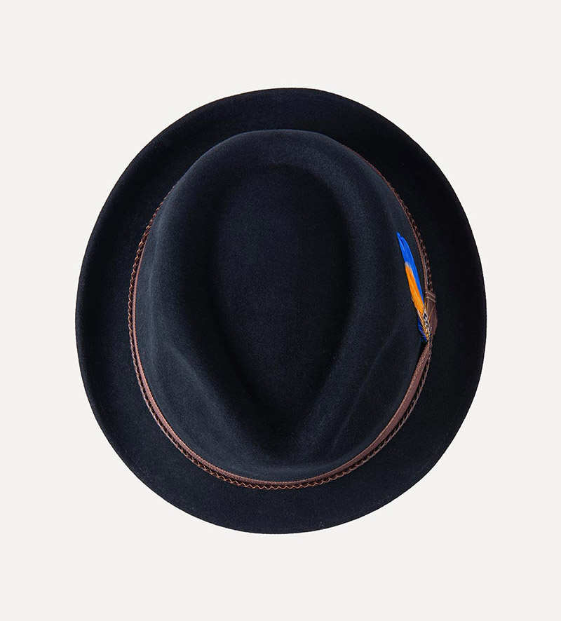 top view of black short brim trilby hat for mens