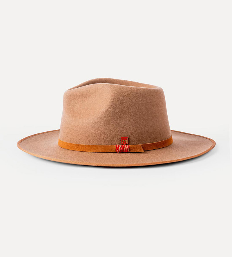 side view of wide brim tan fedora hat for mens
