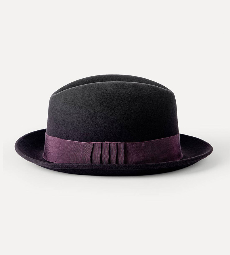 side view of black snap short brim fedora hat for mens