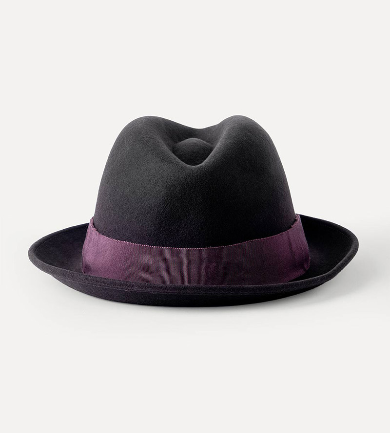 back view of black snap short brim fedora hat for mens