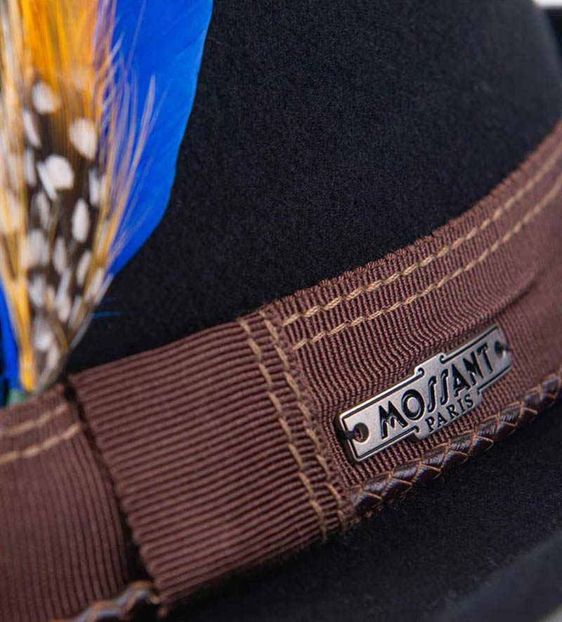 hatband detail view of black short brim trilby hat for mens