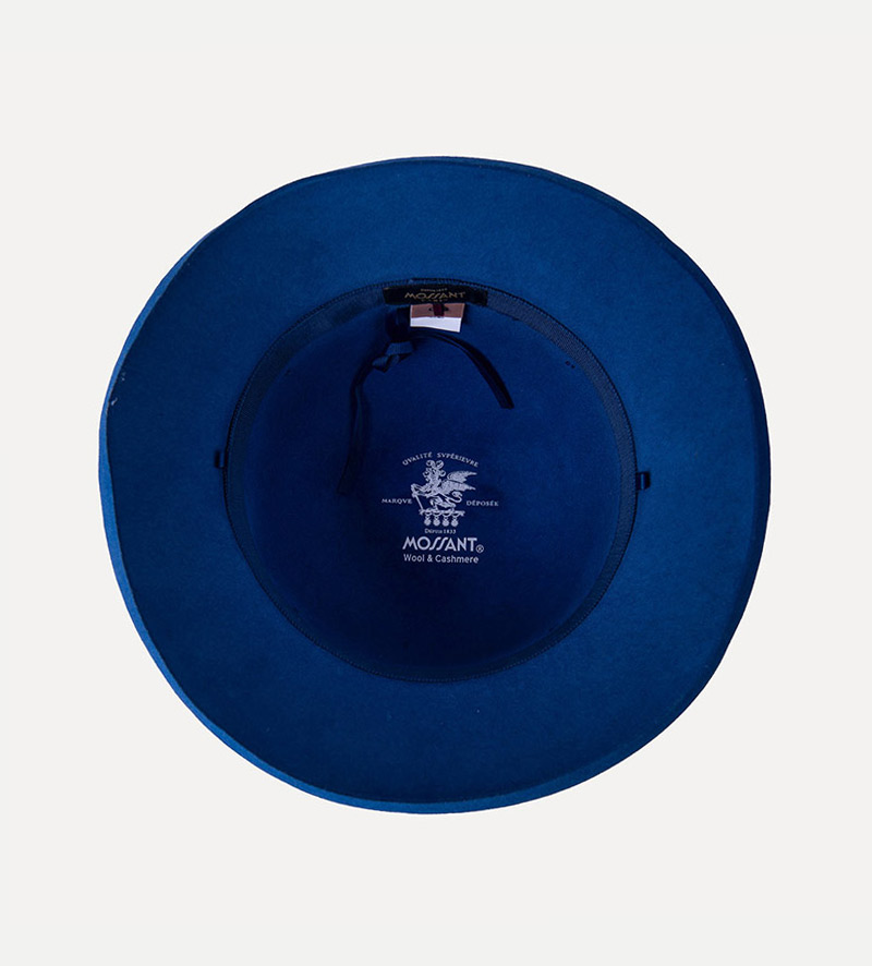 inside view of blue wool cloche hat for womens