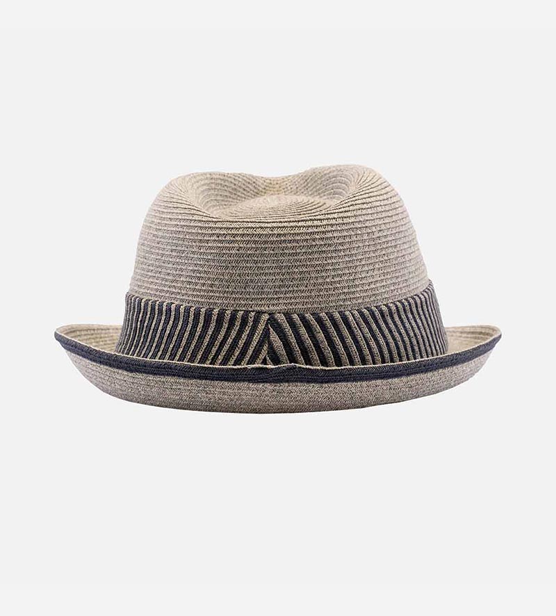 side view of packable straw trilby hat