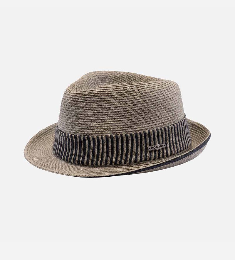 oblique view of packable straw trilby hat