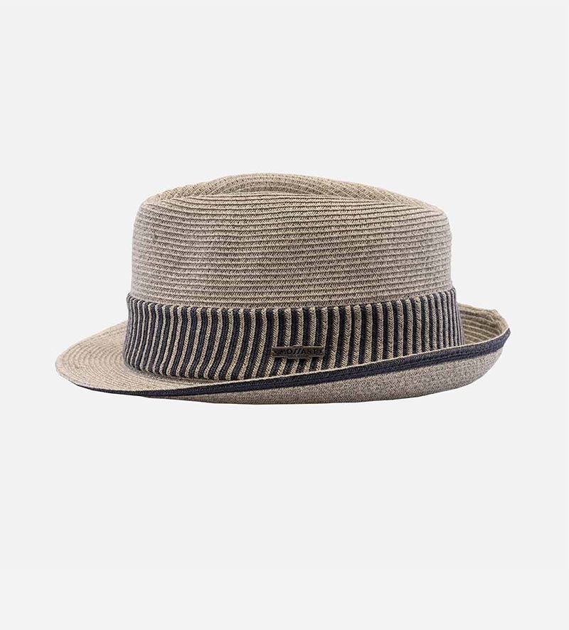 side view of packable straw trilby hat
