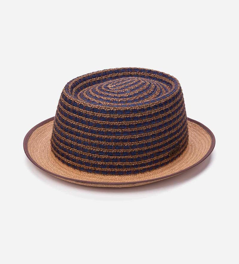 ALBATROSS Raffia & Hemp Pork Pie Short Brim Round Straw Hat Blue-Natural