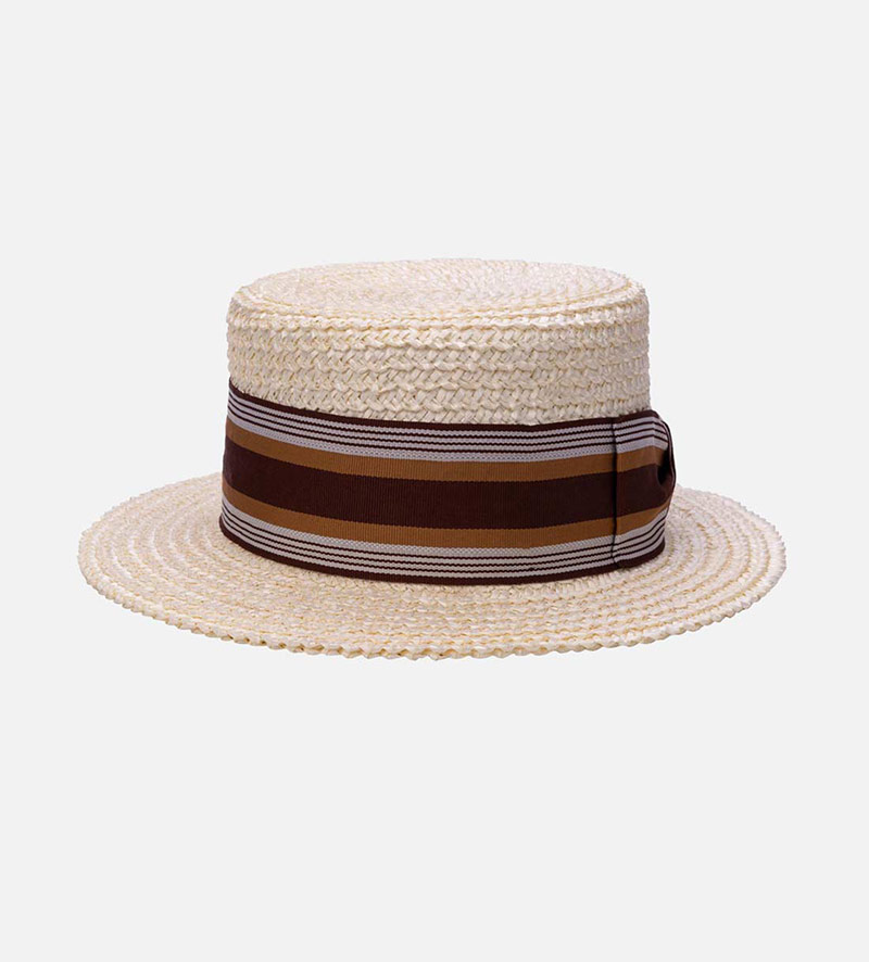 6 Inch Brim Beige Sun Hat With Black Ribbon Band / Flat Brim 