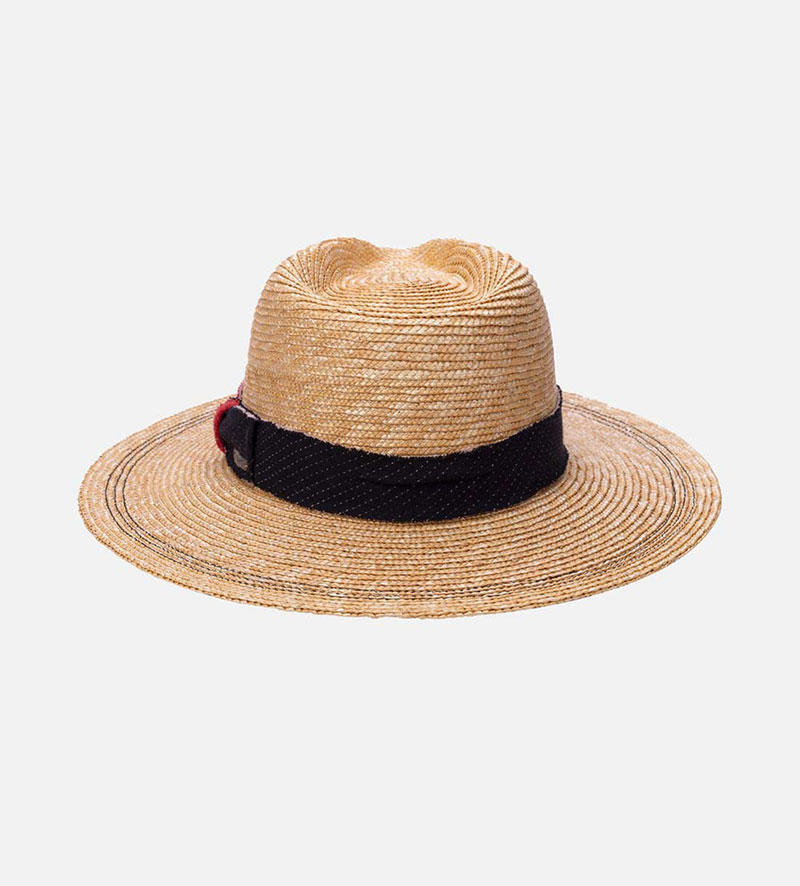 oblique view of wide brim summer straw hat
