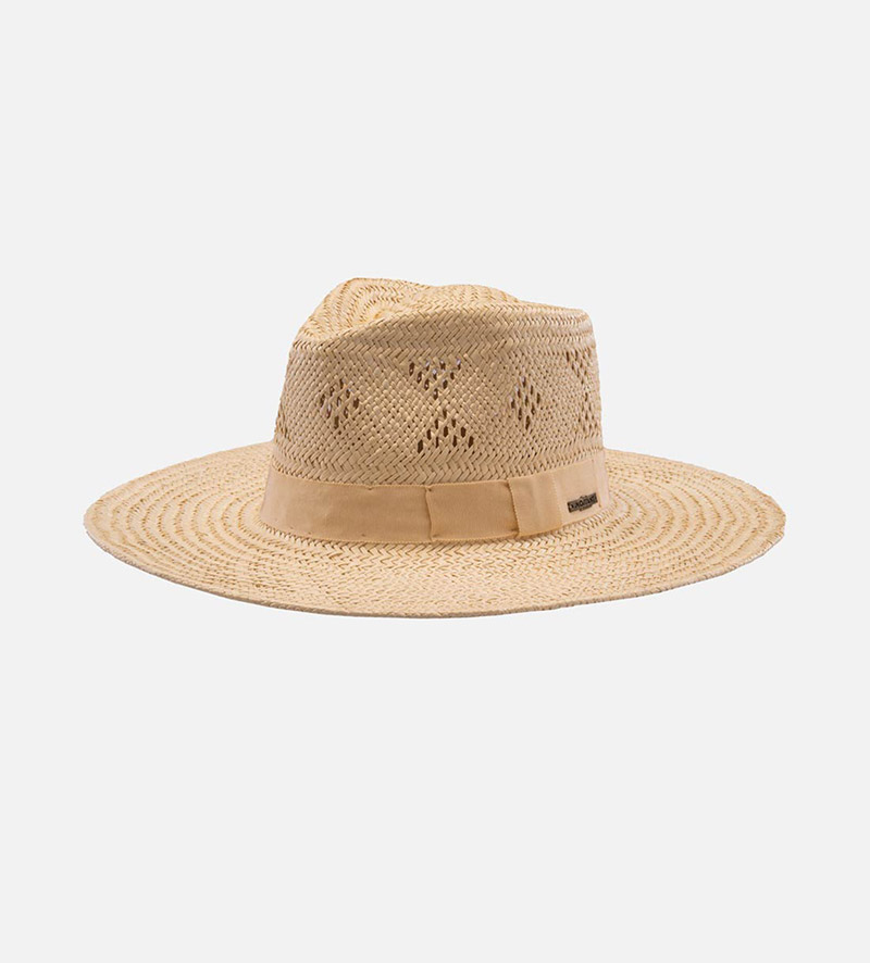 oblique view of wide brim straw garden hat