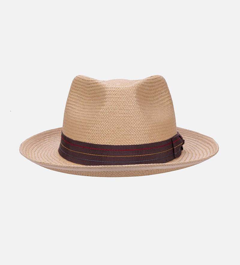 front view of curled brim straw beach hat