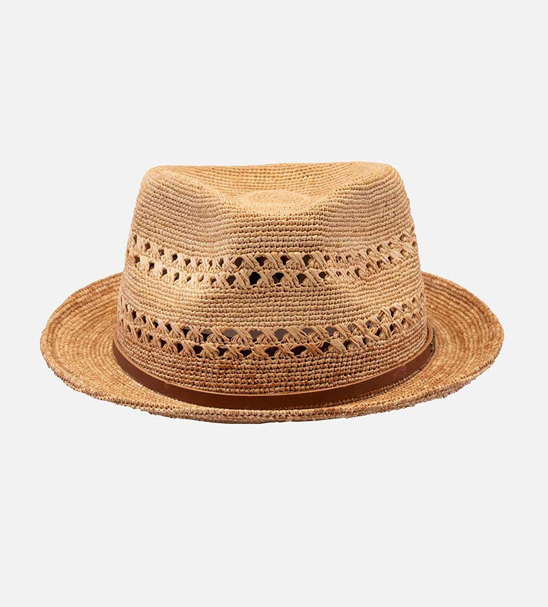 AARON Raffia Vented Straw Fedora Hat Short Brim Burlywood