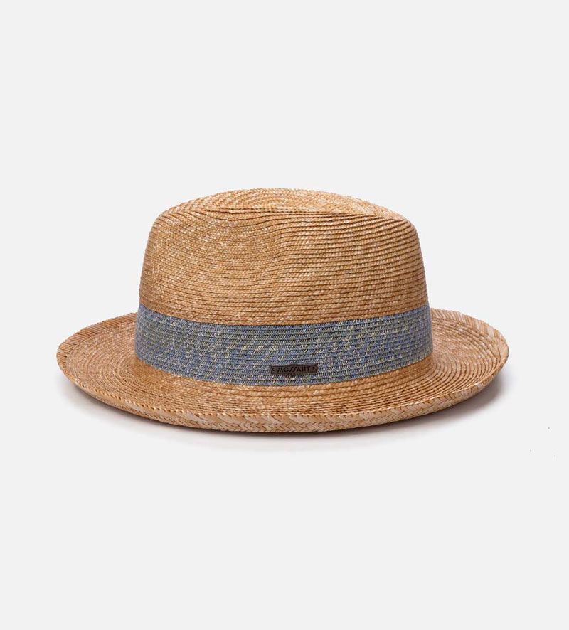 back view of roll up sun hat with light blue band