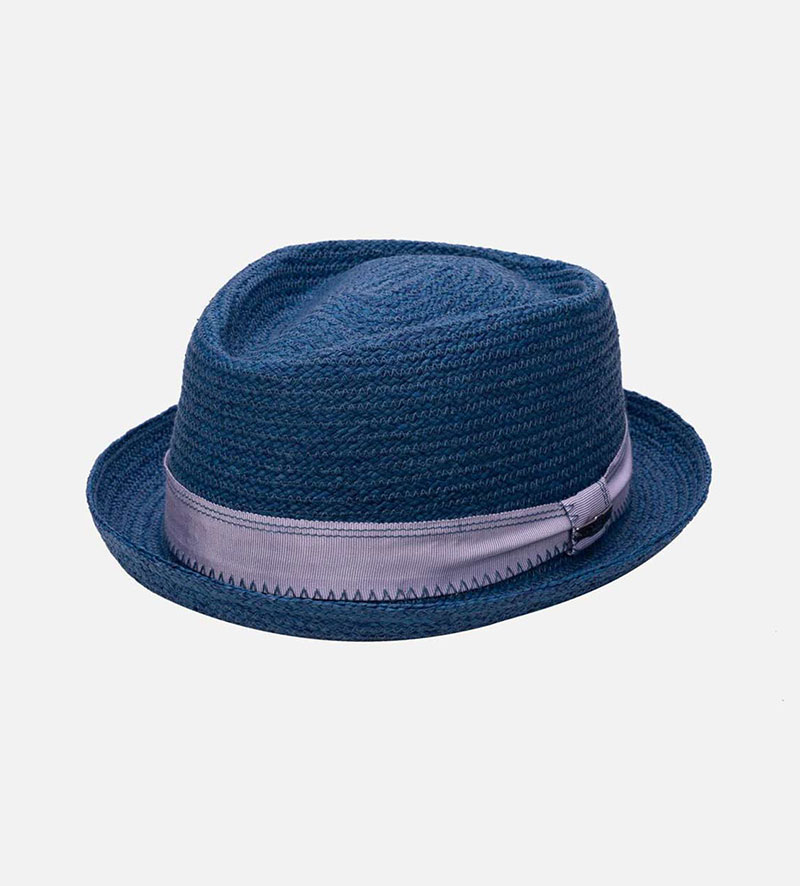 oblique view of blue straw hat