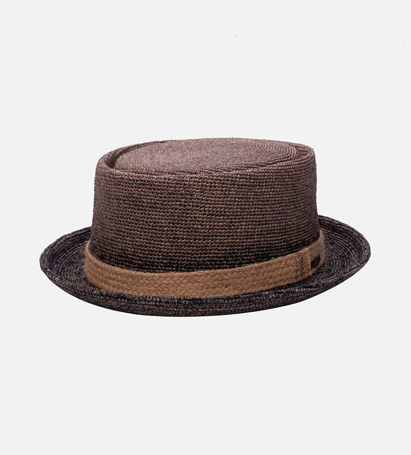 side view of straw pork pie hat