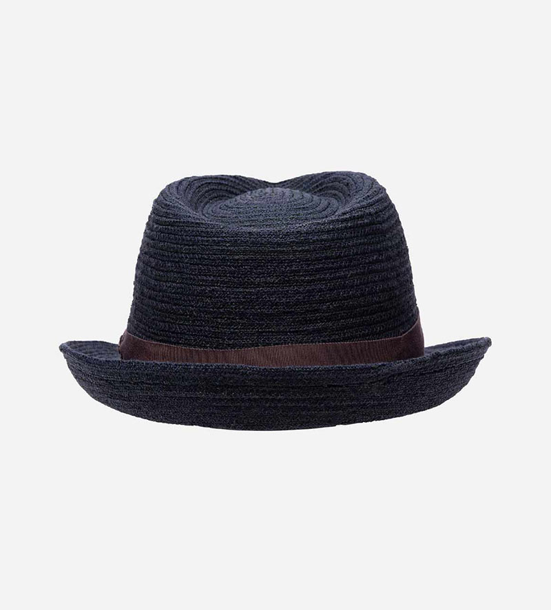oblique view of mens straw trilby hat