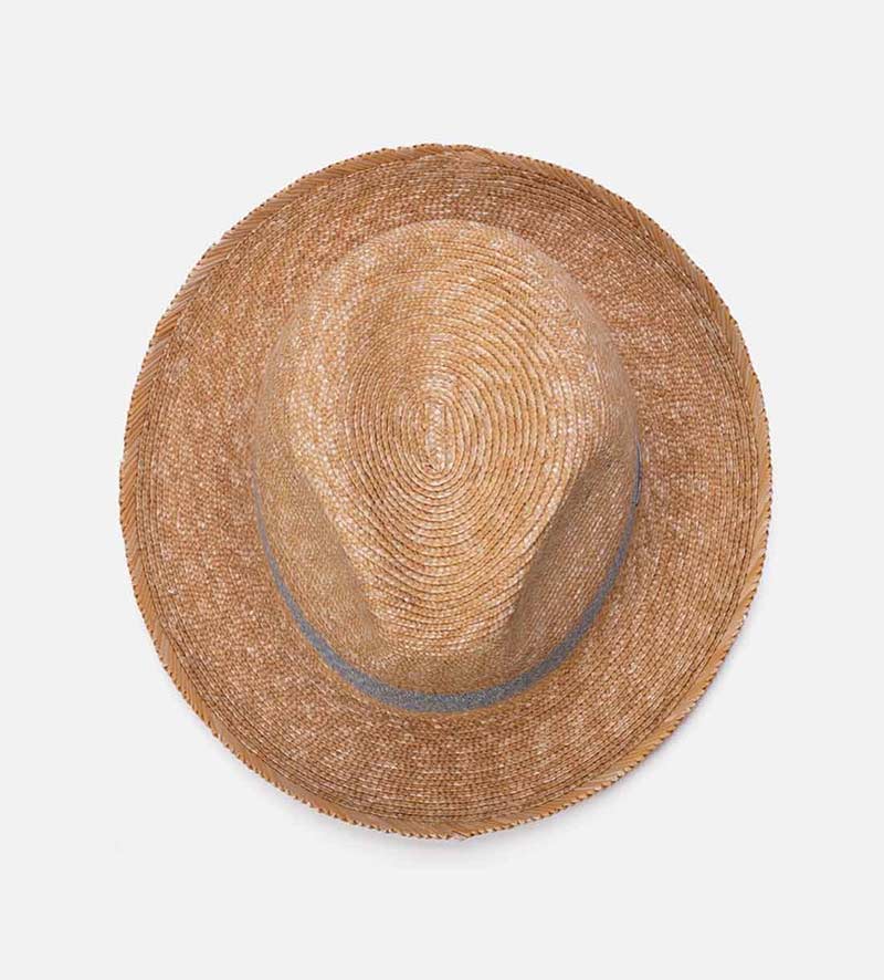 top view of roll up sun hat with light blue band