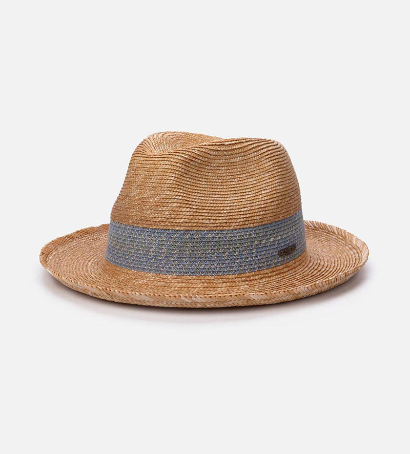 oblique view of roll up sun hat with light blue band