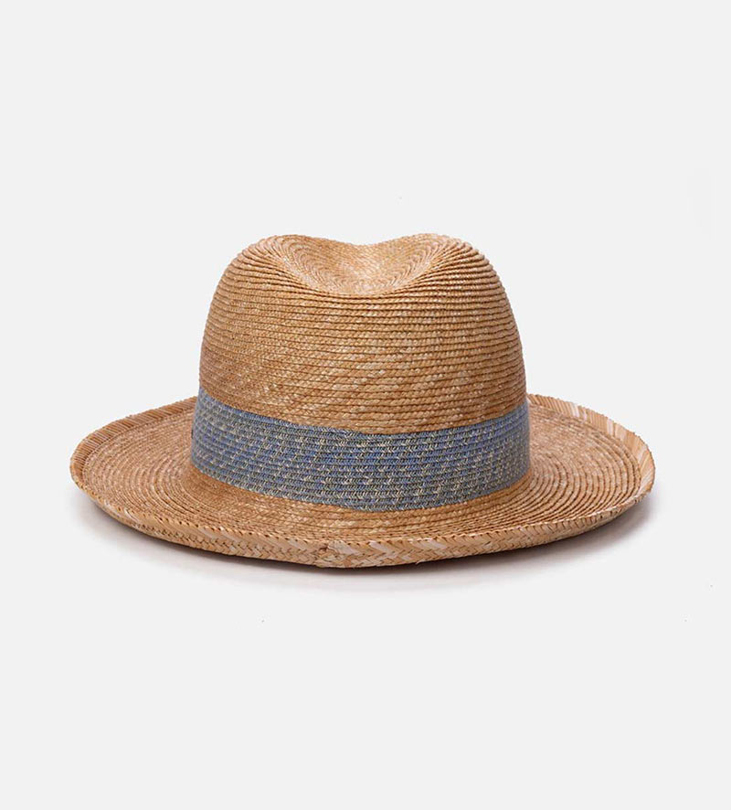 oblique view of roll up sun hat with light blue band