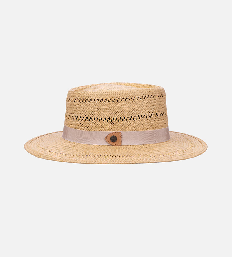 oblique view of flat brim straw hat