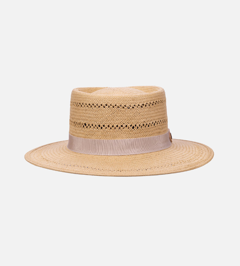 side view of flat brim straw hat