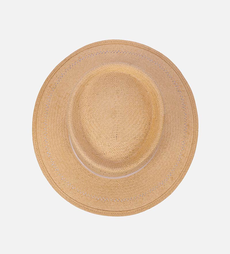 top view of flat brim straw hat