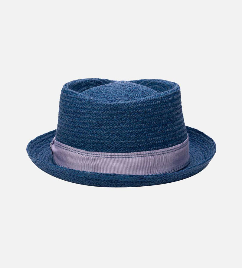 side view of blue straw hat