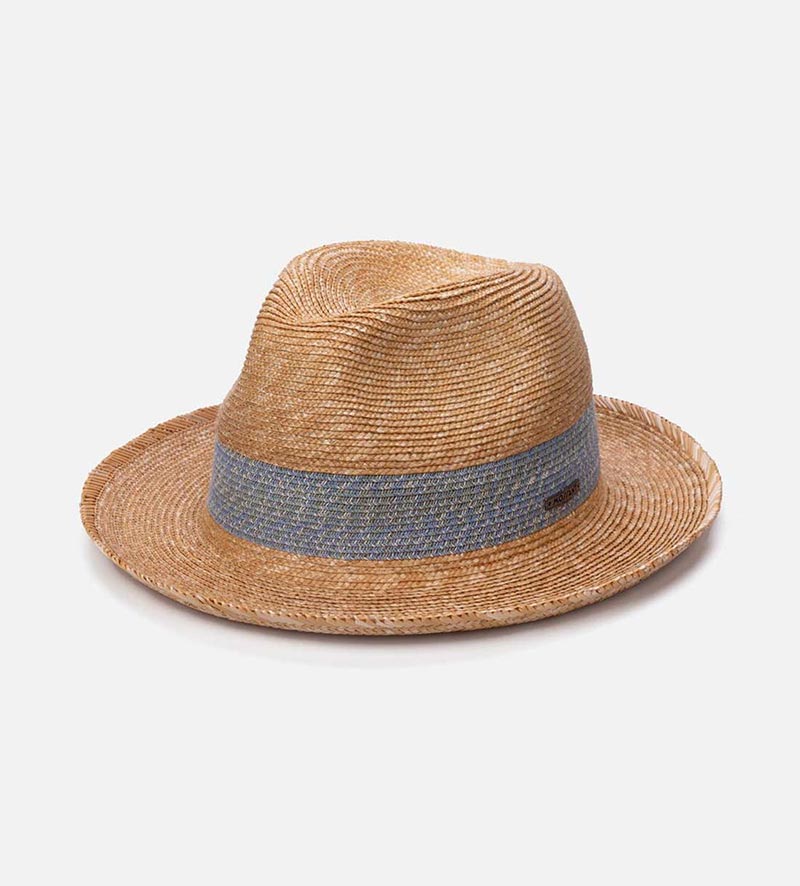 side view of roll up sun hat with light blue band