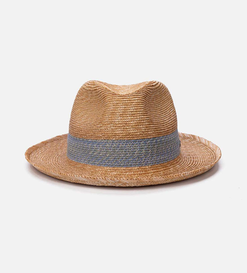 front view of roll up sun hat with light blue band