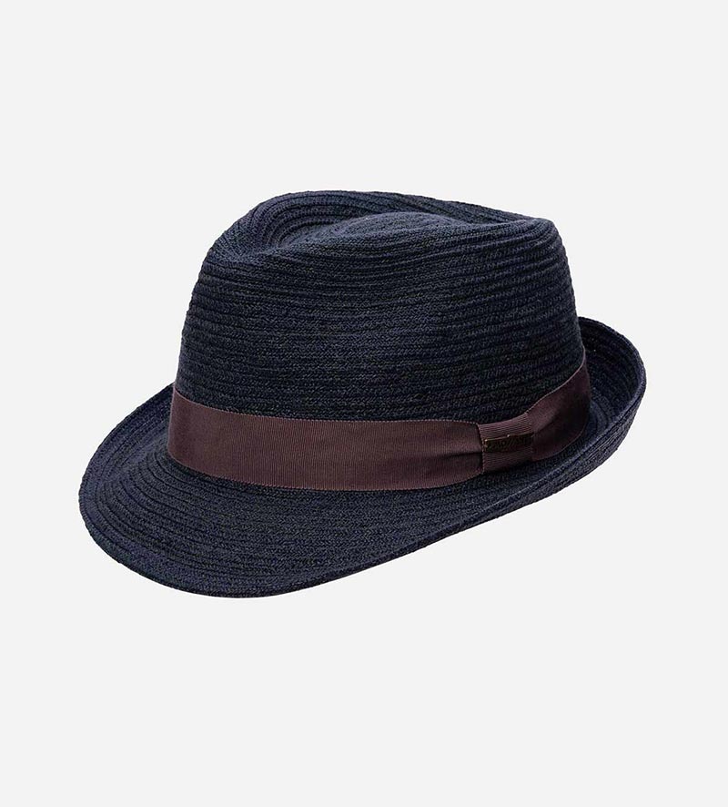 oblique view of mens straw trilby hat