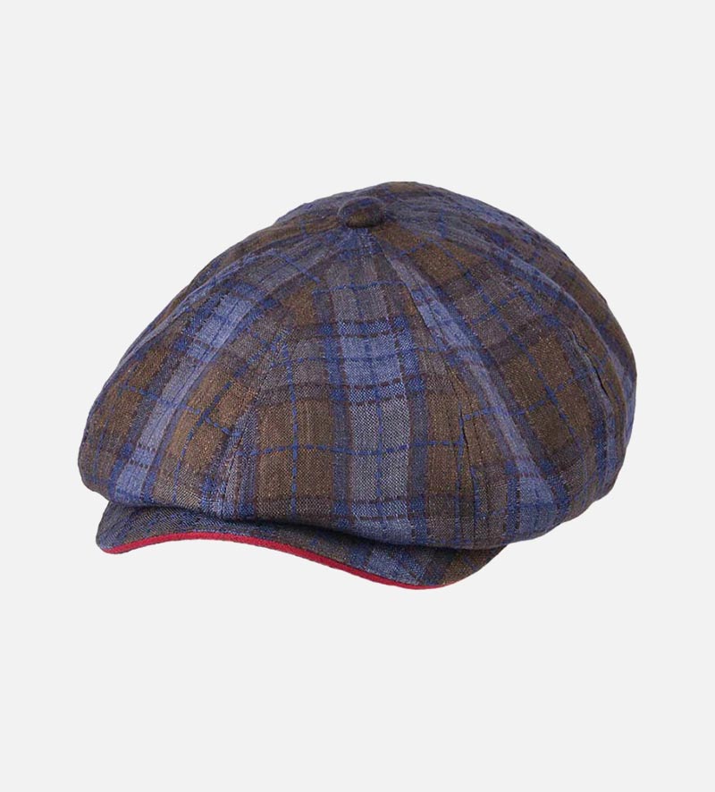 oblique view of 8 panel newsboy cap