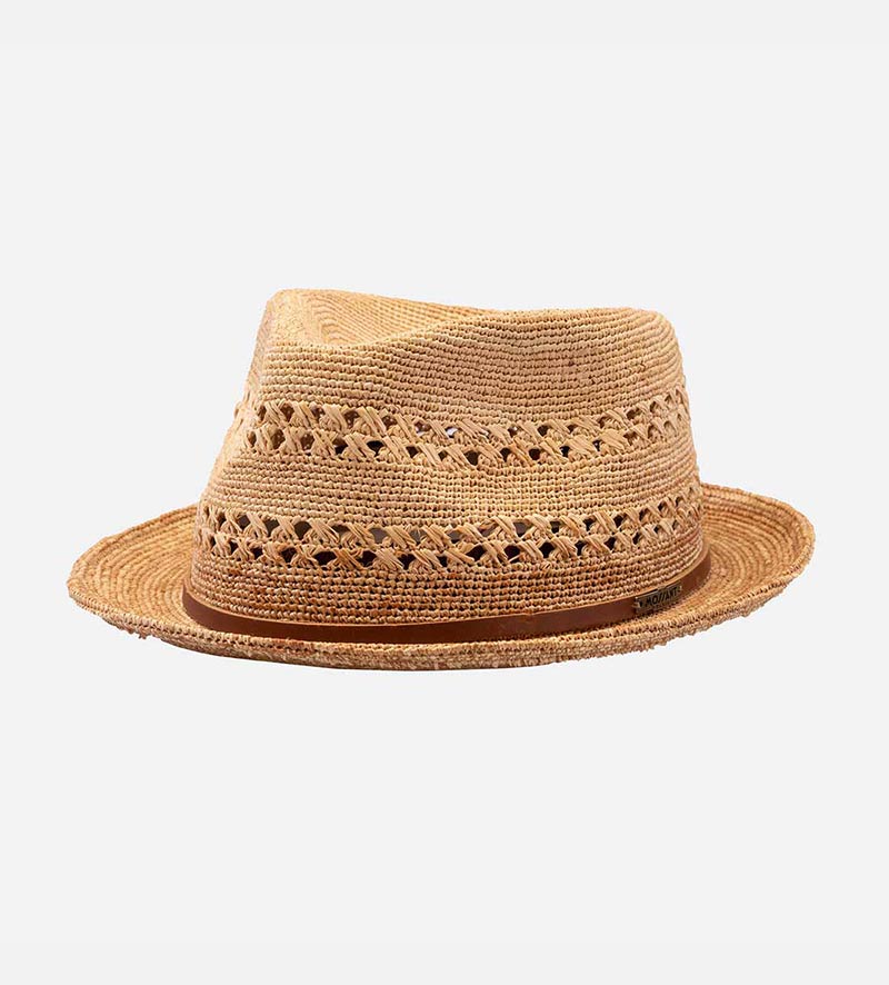 oblique view of vented straw hat