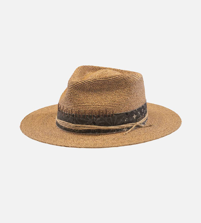oblique view of flat straw hat