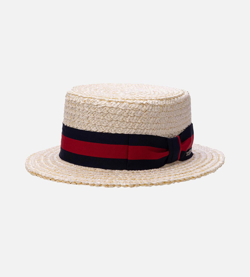 oblique view of mens straw boater hat