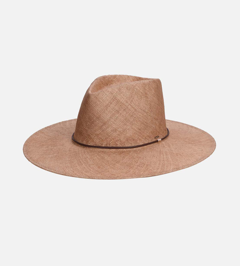 oblique view of mens wide brimmed straw hat