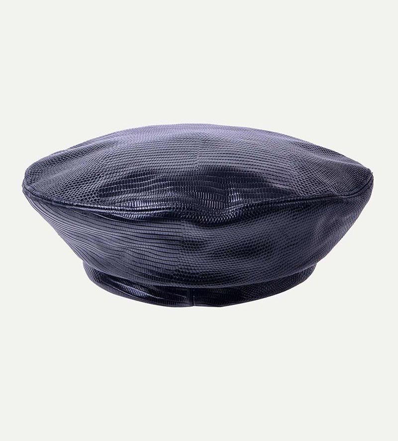 back view of womens black leather beret