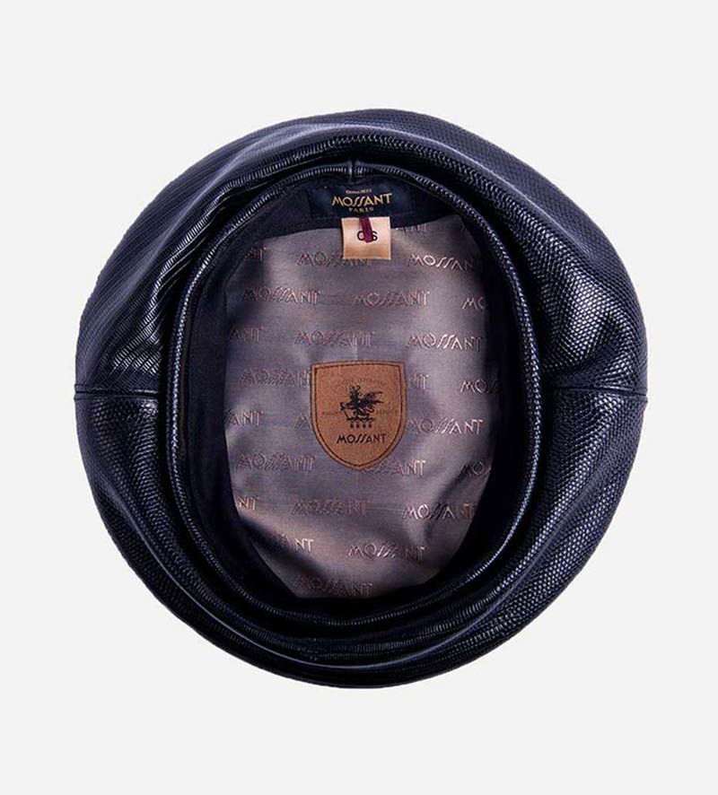 inside view of womens black leather beret