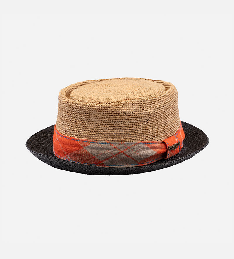 oblique view of straw porkpie hat