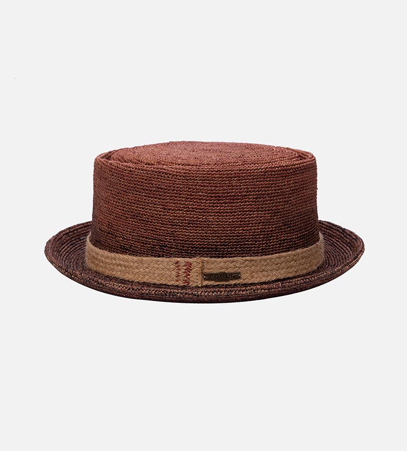 side view of straw pork pie hat