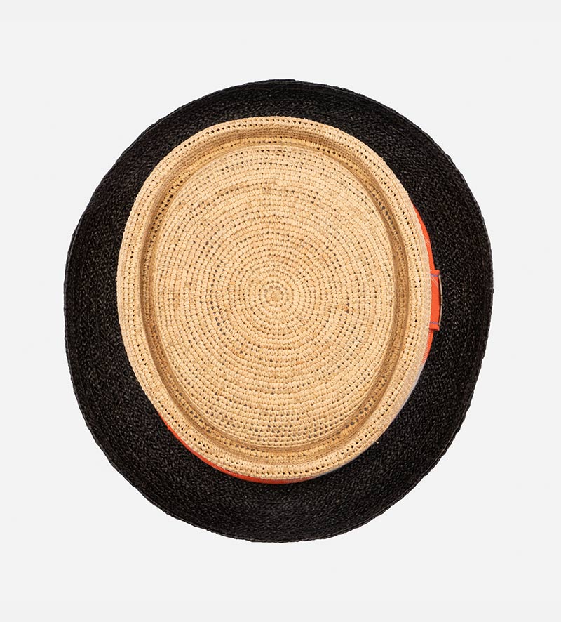 top view of straw porkpie hat