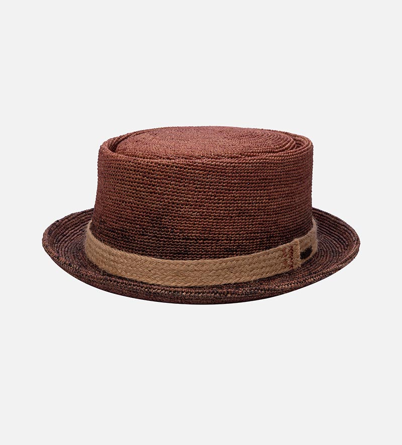 oblique view of straw pork pie hat