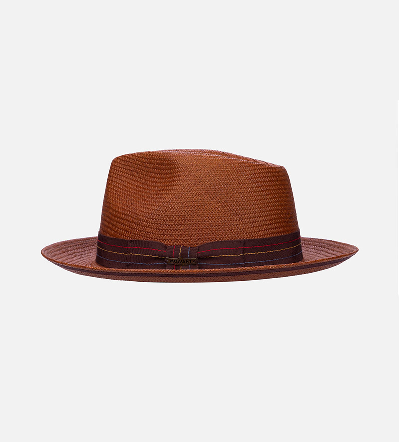 side view of curled brim straw hat