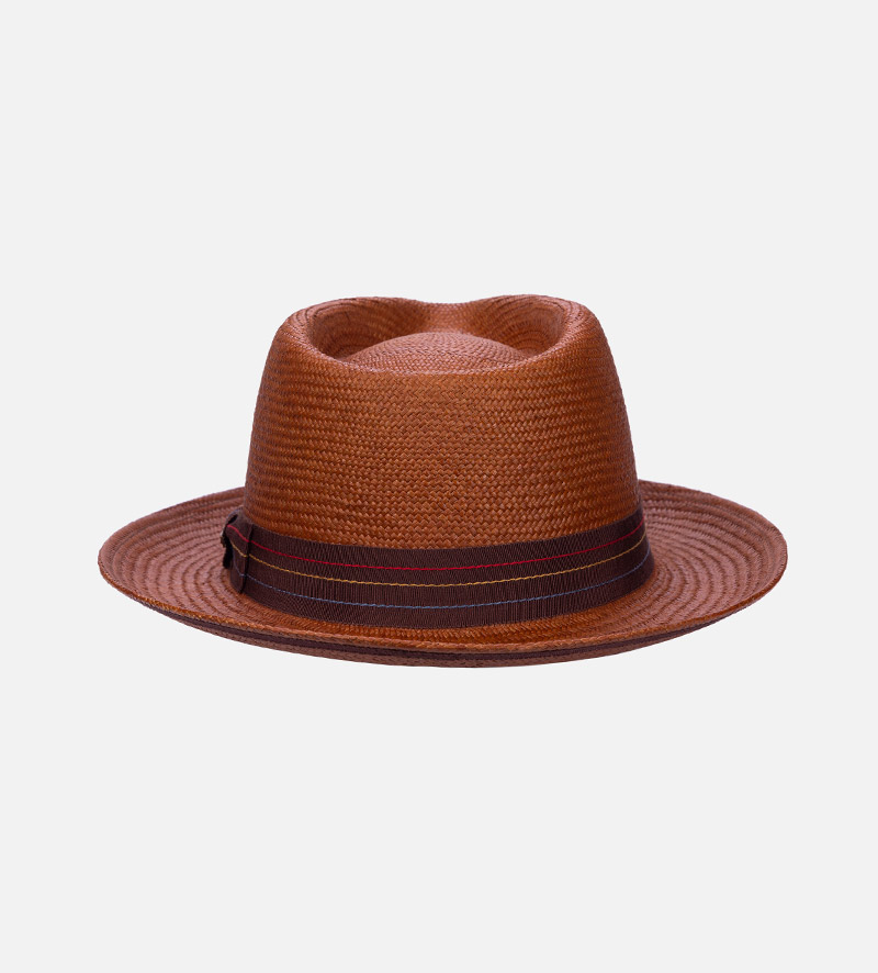 back view of curled brim straw hat
